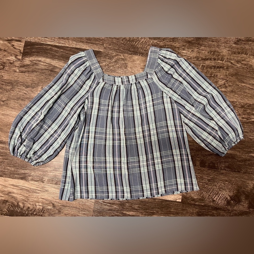 LAUREN Conrad PLAID Peasant SQUARE Neck PUFF Sleeves